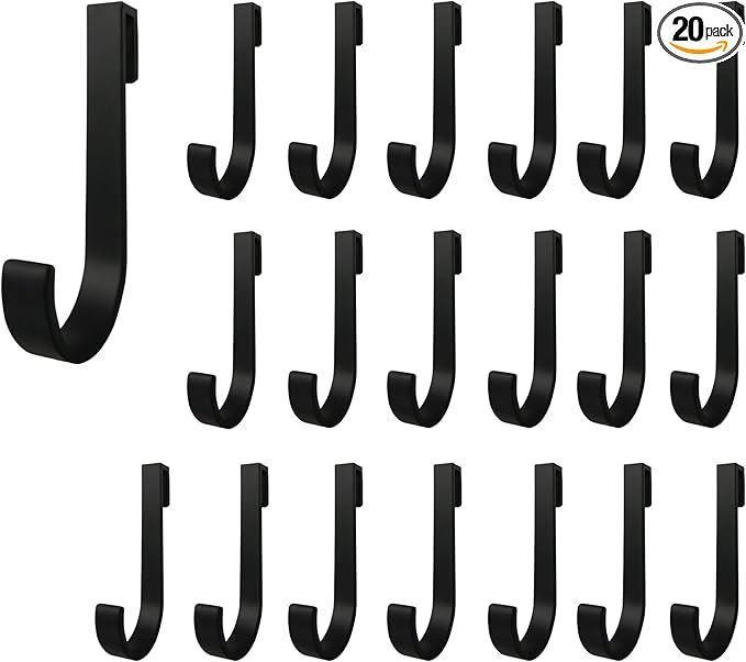 20 PCS Aluminum J Grid Hooks - Multi-Purpose Heavy Duty S Hooks for Wire Shelving & Wall Grids, Perfect for Hanging Kitchenware, Tools, Plants, Photos & Retail Display Black