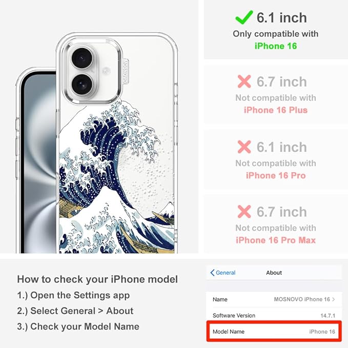 MOSNOVO Case for iPhone 16, [Buffertech 6.6ft Military-Grade Drop Protection] [Anti Peel Off Tech] Clear TPU Bumper Phone Case Cover Design - Great Wave