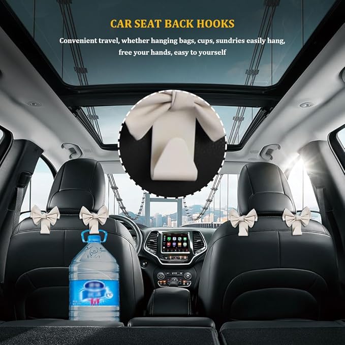 2PCS Car Hooks for Purses and Bags, Cute Bow Car Seat Headrest Hook, Car Accessories Multipurpose Back Seat Hanger Storage Organize Universal for Vehicles (2PCS-White Bowknot)