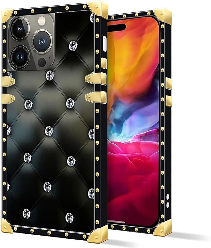 Compatible with iPhone 15 Pro Max Case, Shiny Black Sofa Crystal Luxury Golden Decoration for Girl Women Soft TPU Shockproof Protective Hard PC Back for iPhone 15 Pro Max