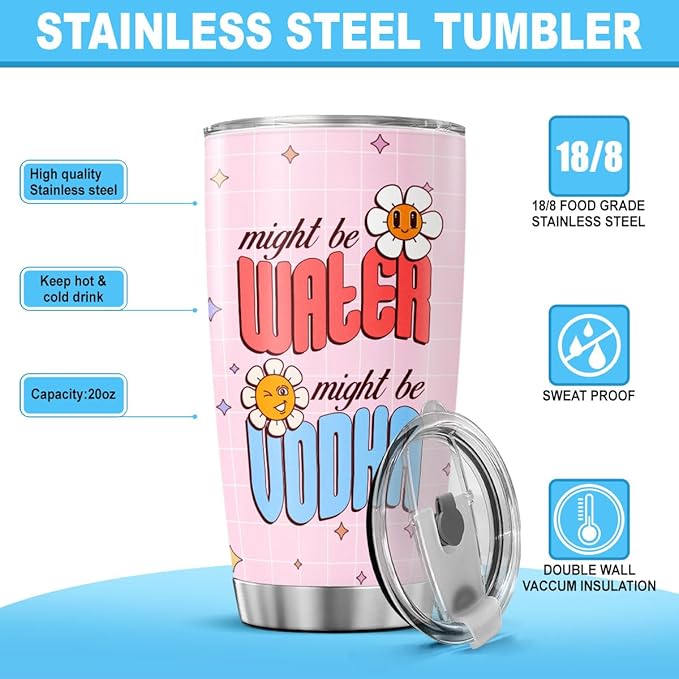 Funny Might Be Vodka Tumbler 20oz for Women, Cute Ice Cup Cartoon Design, Stainless Steel Insulated Cup for Coffee, Water, Travel, Work