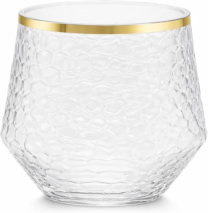 48 Pack Ribbed Stemless Champagne Flutes Gold Rim – 24 9oz Mimosa Glasses & 24 12oz Plastic Cups, BPA-Free Disposable Shatterproof Toasting Glasses for Weddings, Parties, Cocktail Wine Bar Events
