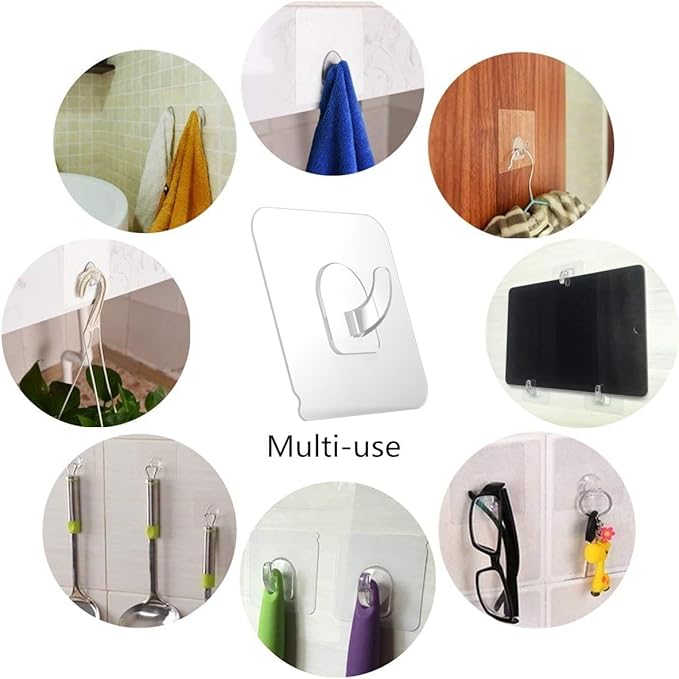 Ninth Five 30 Pack Adhesive Hooks for Hanging, 33lb Heavy Duty Wall Hooks, Clear Plastic Sticky Utility Hook for Home Kitchen Bathroom Office Use