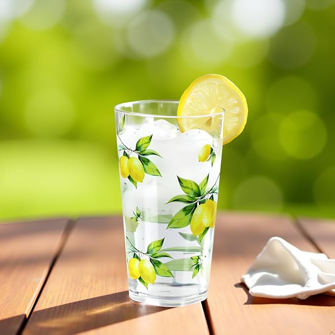 Reston Lloyd Calypso Basics Fresh Lemons 19 oz Acrylic Drinkware Set of 6 – BPA-Free, Indoor/Outdoor, Dishwasher Safe, Lemons with Bees