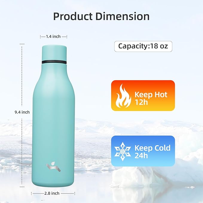 Konokyo Insulated Water Bottle with Strap,18 oz Double Wall Stainless Steel Vacuum Bottles Metal Water Flask,Turquoise