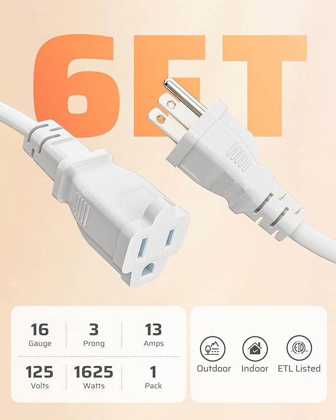 DEWENWILS Extension Cord 6 FT, 3 Prong Waterproof Extension Cable for Lights, Indoor Outdoor Appliances, 16/3 SJTW, White, ETL Listed, 1 Pack