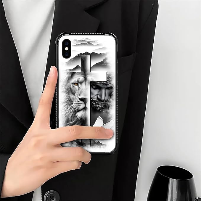 for iPhone X/Xs Case, Lion Cross Jesus Christ Dove Pattern Made of Soft Silicone Hard Acrylic Shock Protection for iPhone X/Xs