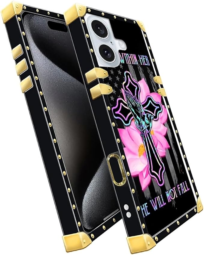 Compatible with iPhone 16 Plus Case, Praying Cross Hands Luxury Golden Decoration for Girl Women Soft TPU Shockproof Protective Hard PC Back for iPhone 16 Plus