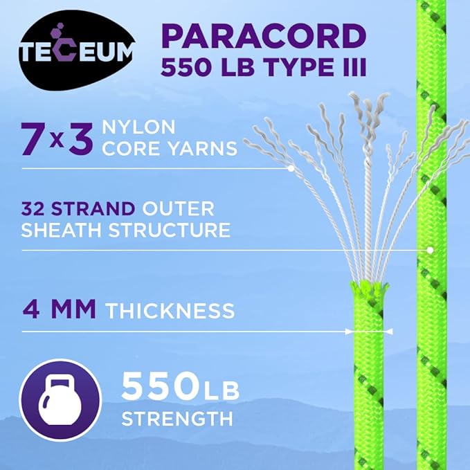 TECEUM Reflective Paracord Rope 1000 – 1000ft/200ft/100ft/50ft – 40+ Colors – Glow in The Dark – para Cord – Utility Rope for Survival, Hunting & Camping Gear – Nylon String, Camping Rope, Tent Cord