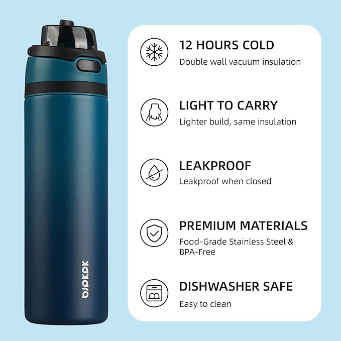 BJPKPK 25oz Insulated Water Bottle with 2-1 Straw Spout Lid, Stainless Steel Metal Water Bottles with Carry Handle, BPA Free, Leak-Proof, Fits in Car Cup Holder, Thermo for Sports,Sea
