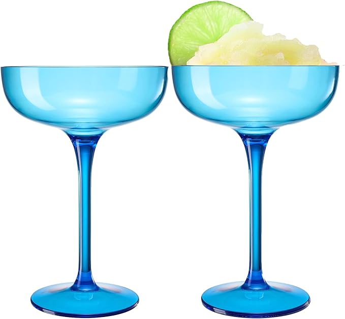 Acrylic Shatterproof Martini, Margarita, Champagne & Cocktail Unbreakable Glasses | Set of 2 | Large Plastic Coupe Glasses 15oz, Tritan Drinkware, BPA-free, Reusable, Pool, Indoor & Outdoor (Blue)