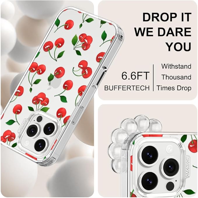 MOSNOVO Case for iPhone 16 Pro Max, [Buffertech 6.6ft Military-Grade Drop Protection] [Anti Peel Off Tech] Clear TPU Bumper Phone Case Cover Design - Cute Cherry