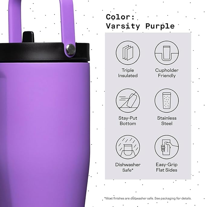 Corkcicle Go Cup XL - Leak-Proof Travel Tumbler - Triple Insulated Stainless Steel Water Bottle - Easy-Carry Handle - Summer Drinkware Gift - Keeps Drinks Ice Cold - 30 oz - Varsity Blue