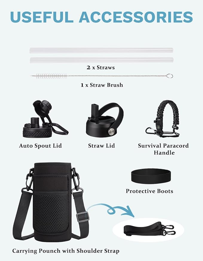 BENZZO 32/40/64/128oz Water Bottle with Straw Auto Spout Lid Keep Cold 48h, Insulated Water Bottles 32 oz with Strap Carrier, Protective Boot & Paracord Handle