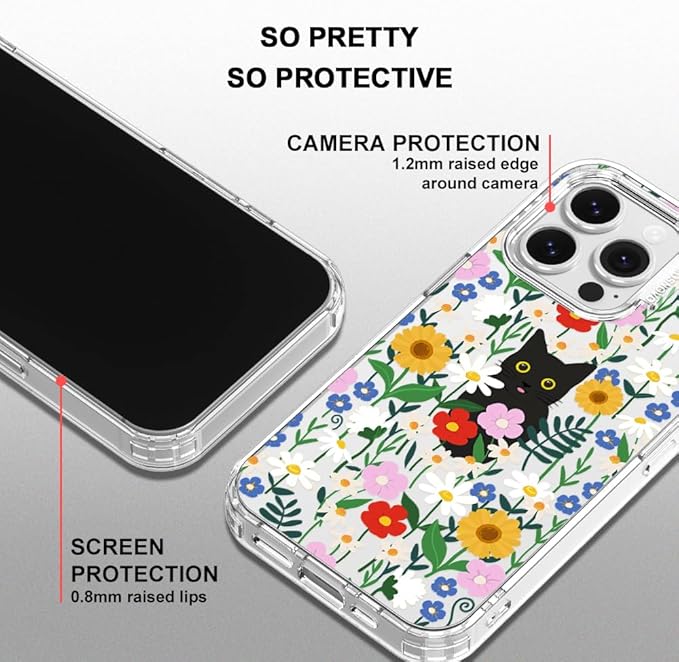 MOSNOVO Case for iPhone 16 Pro, [Buffertech 6.6ft Military-Grade Drop Protection] [Anti Peel Off Tech] Clear TPU Bumper Phone Case Cover Design - Black Cat in Garden