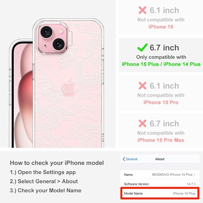 MOSNOVO Case for iPhone 15 Plus/iPhone 14 Plus, [Buffertech 6.6ft Military-Grade Drop Protection] [Anti Peel Off Tech] Clear TPU Bumper Phone Case Cover Design - White Dragon