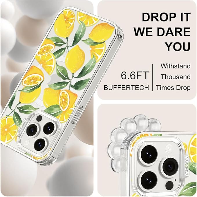 MOSNOVO Case for iPhone 15 Pro Max, [Buffertech 6.6ft Military-Grade Drop Protection] [Anti Peel Off Tech] Clear TPU Bumper Phone Case Cover Design - Lemon