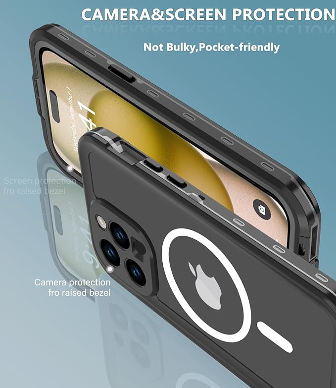 for iPhone 15 Pro Case Waterproof, [Shockproof] [Dustproof] [IP68 Waterproof] Full-Body Hard Case Built-in [Lens Screen Protection] for Diving Case (Black, for iPhone 15 Pro 6.1in)
