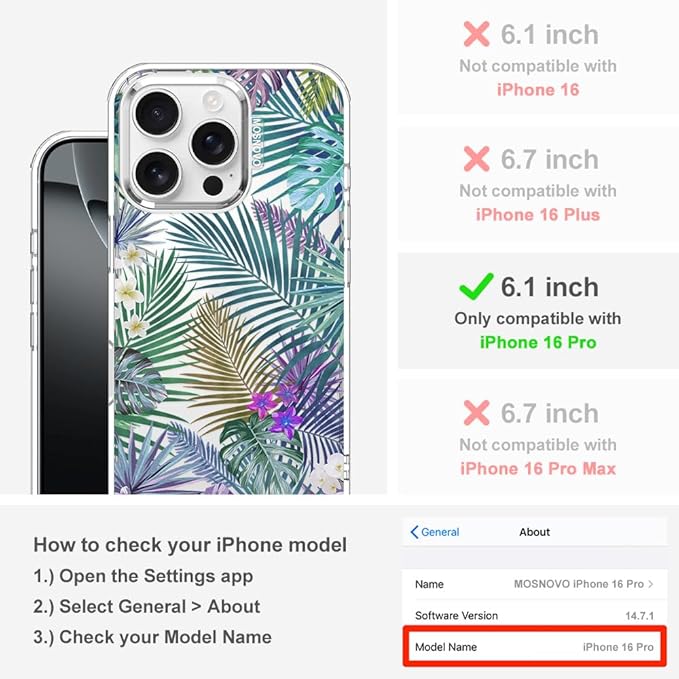 MOSNOVO Case for iPhone 16 Pro, [Buffertech 6.6ft Military-Grade Drop Protection] [Anti Peel Off Tech] Clear TPU Bumper Phone Case Cover Design - Tropical Rainforests