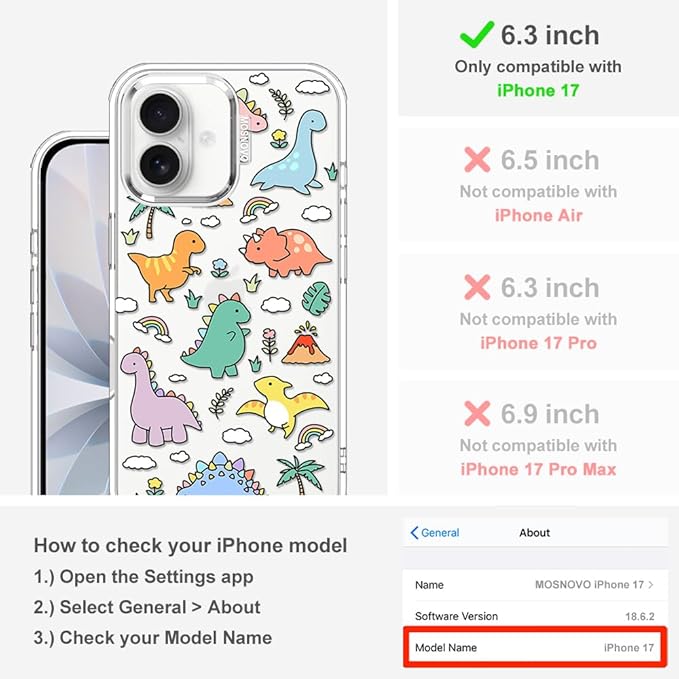 MOSNOVO for iPhone 17 Case | Military Grade 6.6ft Drop Tested | Camera Control | Clear with Dinosaur Land Design