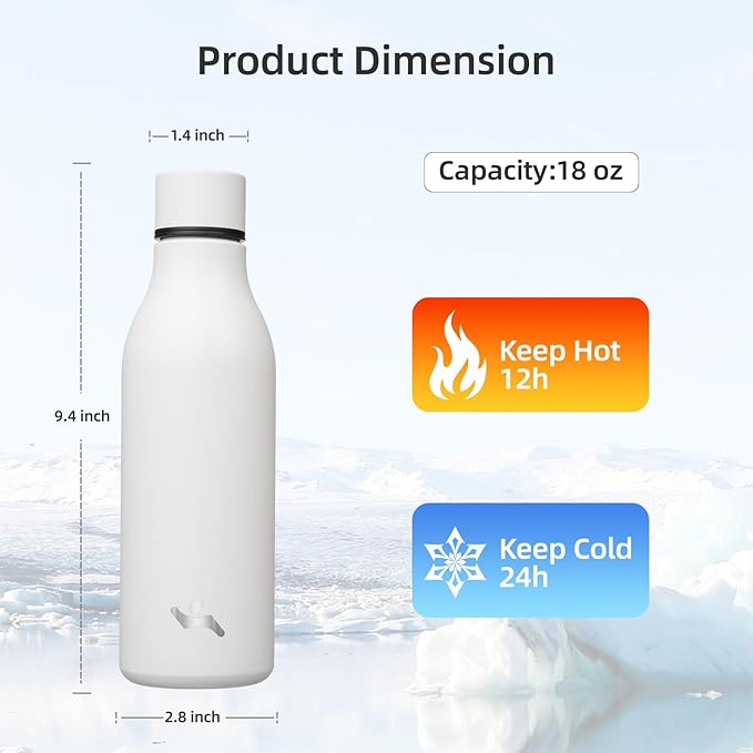 Konokyo Insulated Water Bottle with Strap,18 oz Double Wall Stainless Steel Vacuum Bottles Metal Water Flask,White