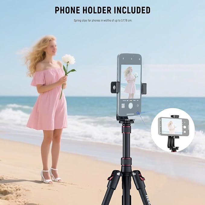 NEEWER Basics TP15 Camera Tripod Monopod, 68" Metal Heavy Duty Portable Travel DSLR Cell Phone Stand with Cellphone Holder Mount Compatible with iPhone Filming Video Recording, Ball Head Not Included