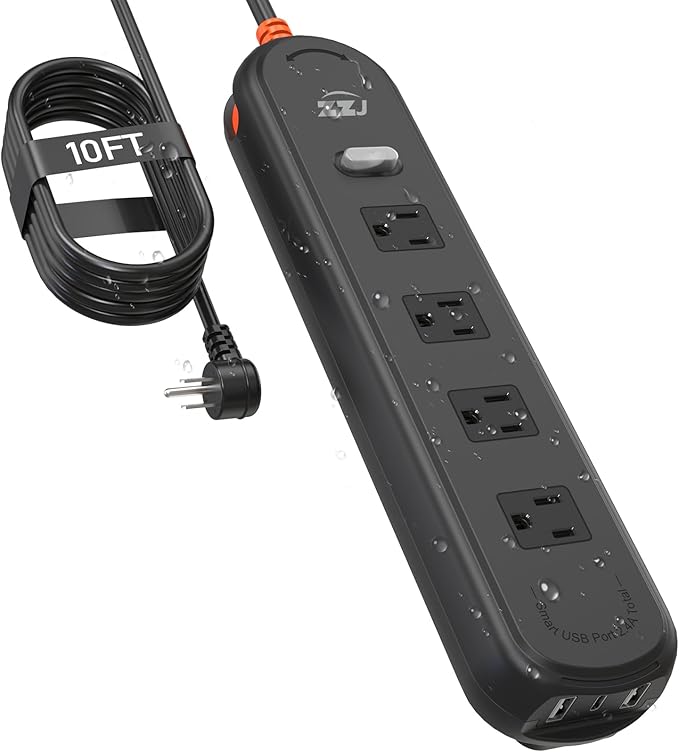 Outdoor Power Strip Weatherproof, 7-in-1 Surge Protector with 4 Wide Outlets 2USB A and 1USB C,1625W/13A, 10FT Flat Plug Multi-Plug Outdoor Extension Cord for Indoor Outdoor, UL FCC Listed