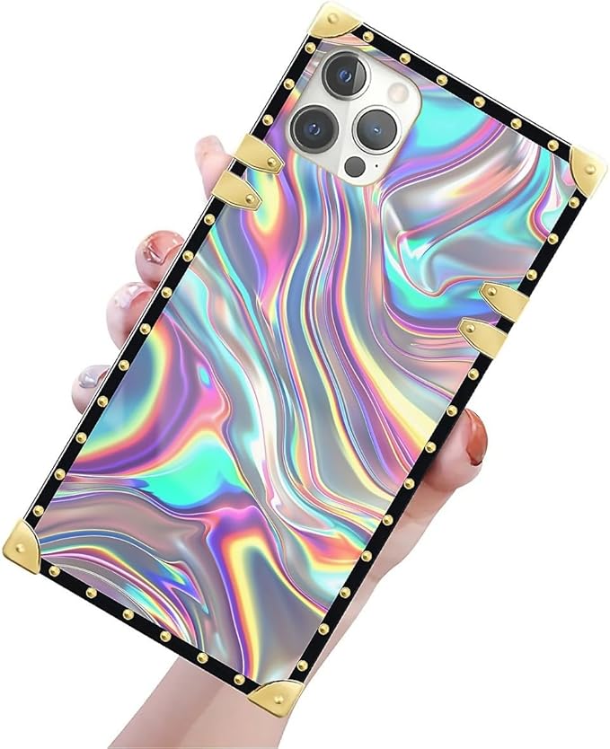 Compatible with iPhone 12 Pro Max Case, Holographic Abstract Iridescent Textures Luxury Golden Decoration for Girl Women Soft TPU Shockproof Protective Hard PC Back