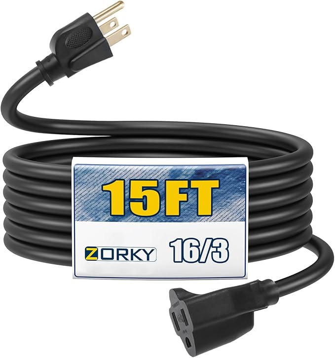 15ft Outdoor Extension Cord - 16/3 Heavy Duty SJTW Waterproof Black Electrical Cable with 3 Prong Grounded Plug for Safety, Great for Lawn and Major Appliances