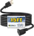 15ft Outdoor Extension Cord - 16/3 Heavy Duty SJTW Waterproof Black Electrical Cable with 3 Prong Grounded Plug for Safety, Great for Lawn and Major Appliances
