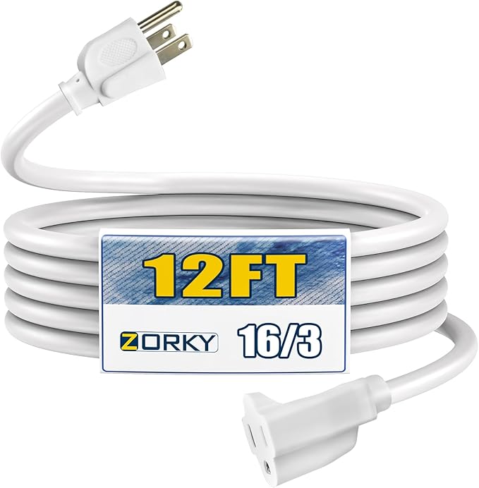 12ft Outdoor Extension Cord - 16/3 Heavy Duty SJTW Waterproof White Electrical Cable with 3 Prong Grounded Plug for Safety, Great for Lawn and Major Appliances