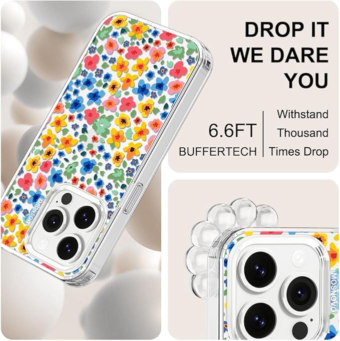 MOSNOVO Case for iPhone 14 Pro, [Buffertech 6.6ft Military-Grade Drop Protection] [Anti Peel Off Tech] Clear TPU Bumper Phone Case Cover Design - Little Flowers