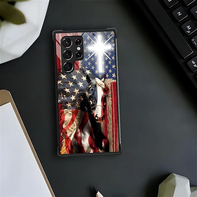 for Samsung Galaxy S23 Ultra Case, Red American Flag Horse Cross Pattern Graphic Design Girl Boy Soft Silicone Hard Acrylic Shock Protection for Samsung Galaxy S23 Ultra