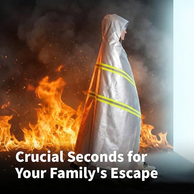 Emergency Fireproof Cloak with Hood – Silver Silicone Coated Fiberglass Fire Blanket, 59 x 63 Inches, Heat Resistant Safety Cover for Escape- fire Retardant Blanket - fire Extinguisher