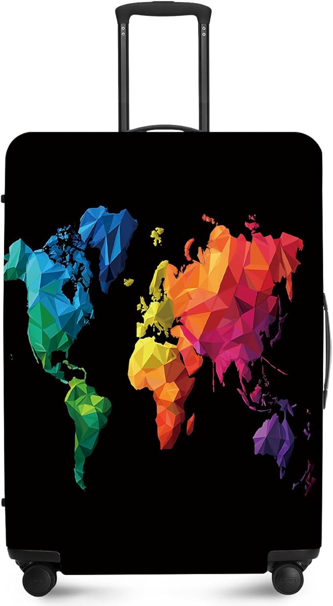 ANNA QUEEN Geometric World Map Travel Luggage Cover -Stretchable Airplane Suitcase Protector Sleeve,Universal Washable Fit for 28-30 Inch Checked Baggage,Water Resistant Durable Luggage Protector
