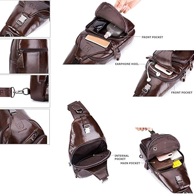 Hebetag Leather Sling Bag Crossbody Backpack for Men Women Outdoor Travel Shoulder Chest Pouch Casual Hiking Pack Casual Daypack