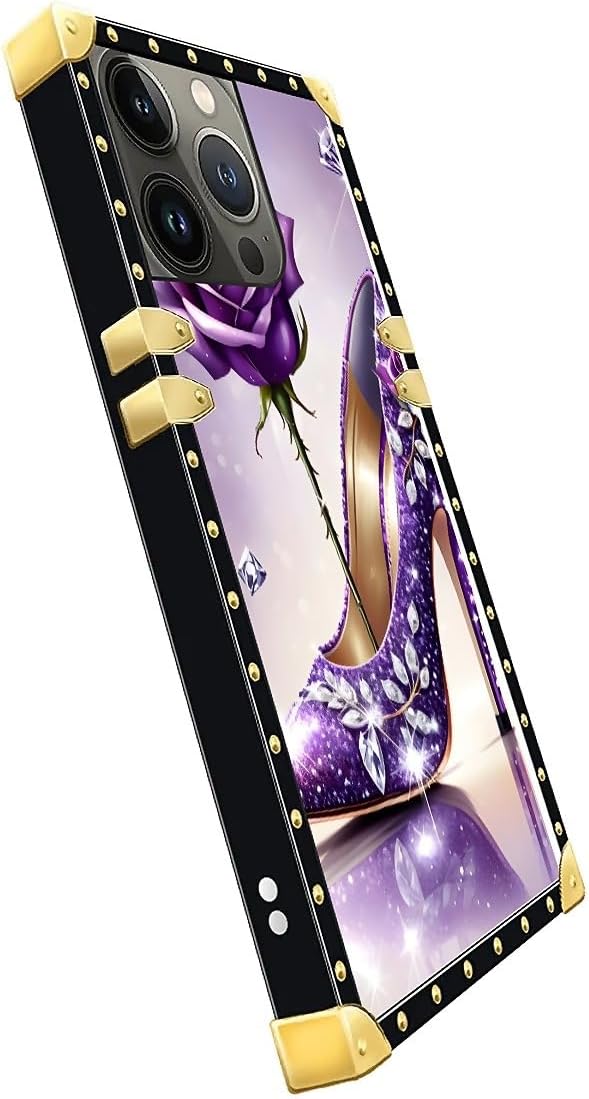 Compatible with iPhone 14 Pro Case, High Heeled Purple Diamond Rose Luxury Golden Decoration for Girl Women Soft TPU Shockproof Protective Hard PC Back for iPhone 14 Pro