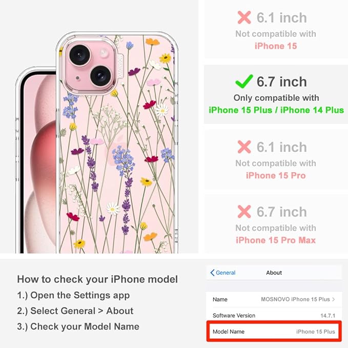 MOSNOVO Case for iPhone 15 Plus/iPhone 14 Plus, [Buffertech 6.6ft Military-Grade Drop Protection] [Anti Peel Off Tech] Clear TPU Bumper Phone Case Cover Design - Floral Garden