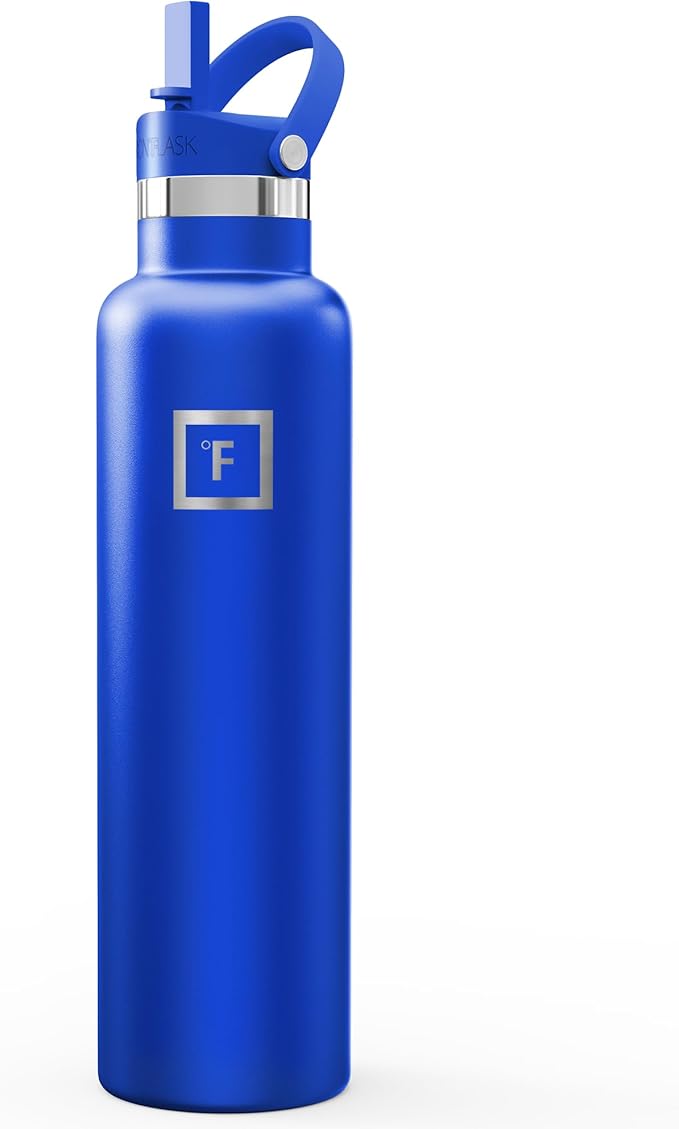IRON °FLASK Camping & Hiking Hydration Flask with Straw, Narrow Mouth Insulated Stainless Steel Sports Water Bottle - Cobalt 24 oz - Straw (1 Lid)