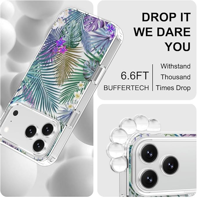 MOSNOVO for iPhone 17 Pro Max Case | Military Grade 6.6ft Drop Tested | Camera Control | Clear with Tropical Rainforests Design