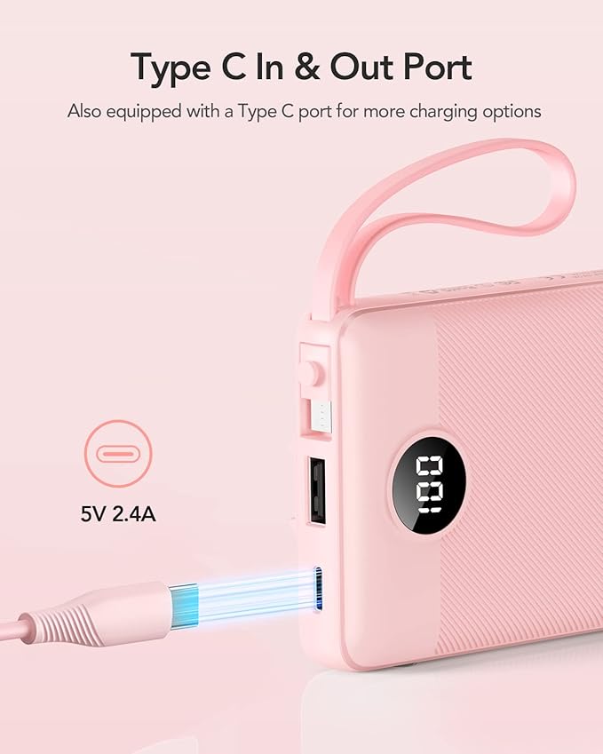 VRURC Portable Charger Power Bank, 10000mAh Travel Essentials Battery Pack, Compact Charging Bank Built-in Cables Cords Compatible with iPhone 17 Pro 17 16 15 14 13, Samsung Phones-Pink(1 Pack)