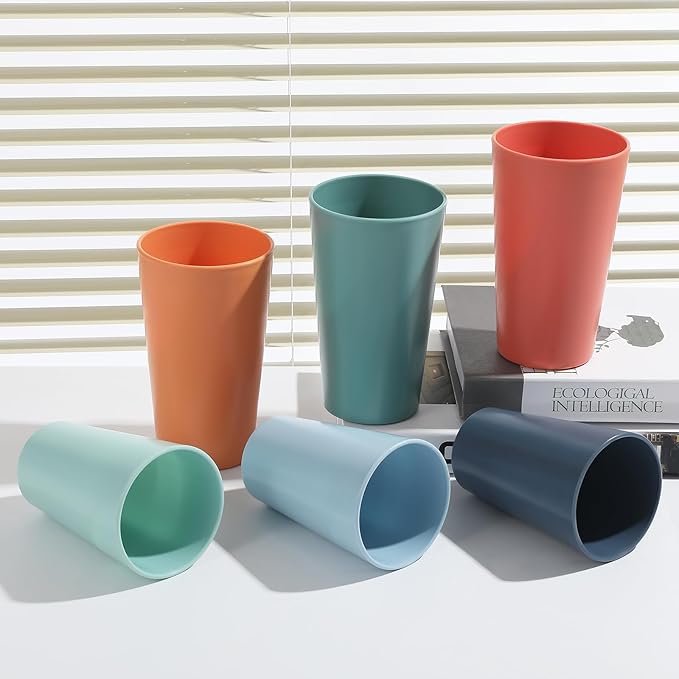 24 Pcs Unbreakable Plastic Cups Set, 14 oz Reusable Plastic Cups, Stackable Water Tumblers, Drinking Cup for Kitchen, Outdoor, BPA-free, Dishwasher Refrigerator and Microwave Safe (14 oz, 6 Colors)