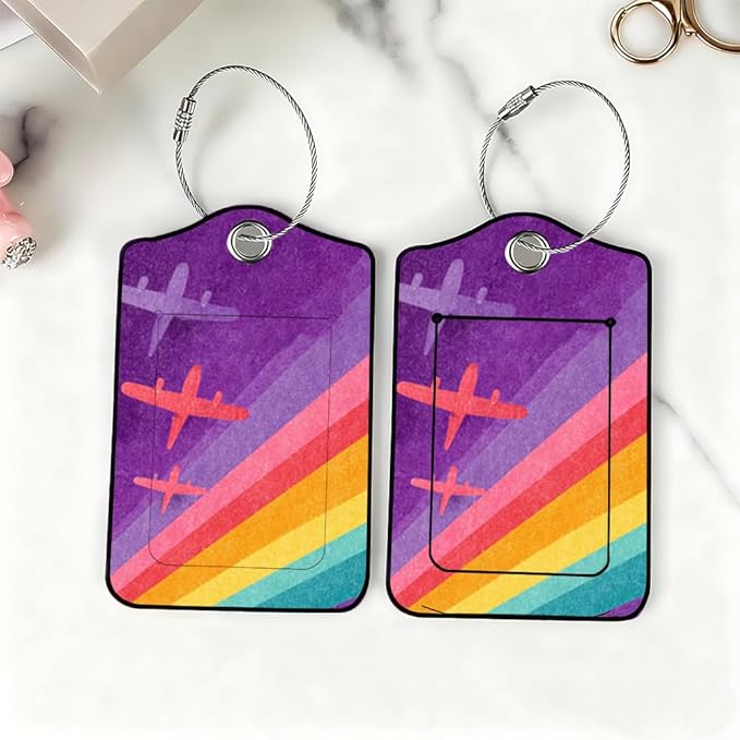 2Pcs Retro Airplane Luggage Tags for Suitcases, 2.83x4.53 Vintage Rainbow ID Labels with Privacy Cover, Aesthetic Travel Bag Tags for Backpacks, Graduation Gift for Pilot Flyers, Set of 2