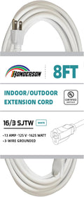 Indoor Outdoor Extension Cord Weatherproof, UL Certified, 16 Gauge 8FT White 3 Prong Heavy Duty, 16/3 SJTW 13A Power Cord for Outdoor Lights, Appliances, Lawn