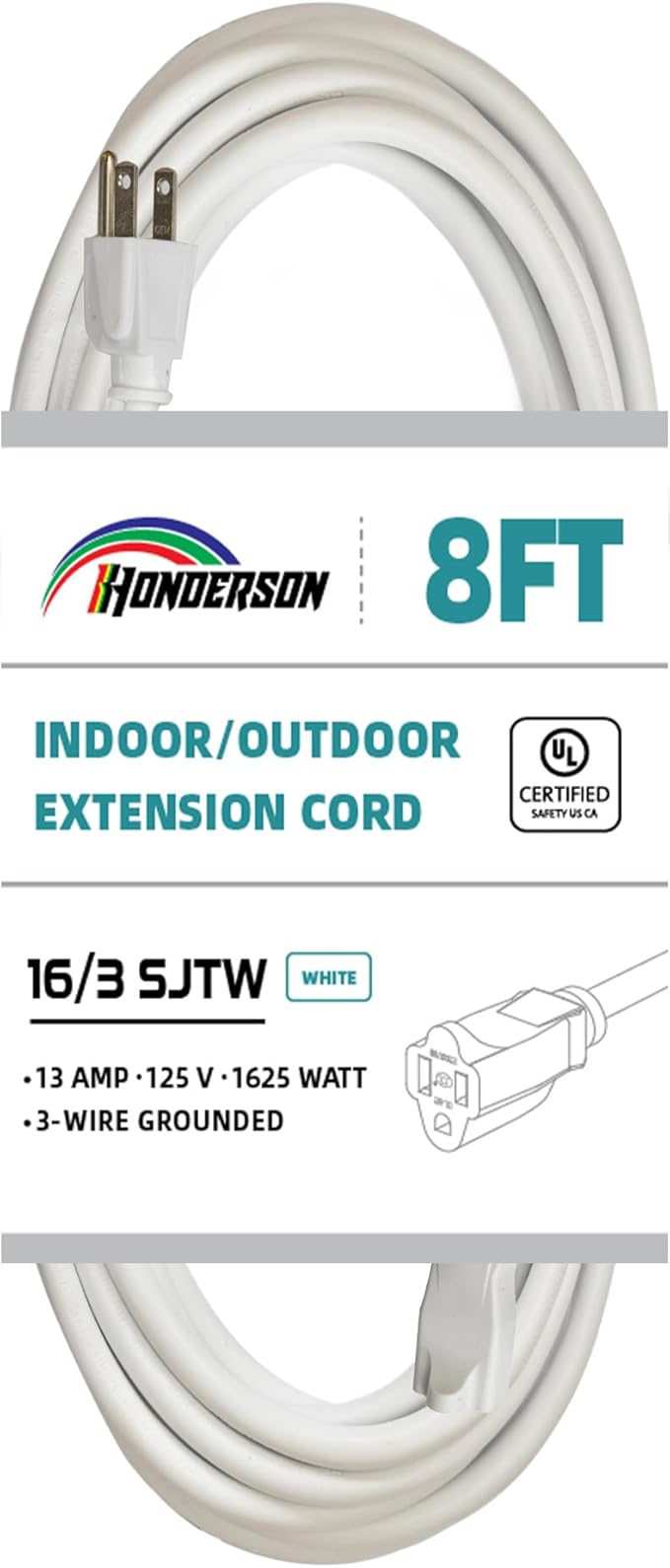 Indoor Outdoor Extension Cord Weatherproof, UL Certified, 16 Gauge 8FT White 3 Prong Heavy Duty, 16/3 SJTW 13A Power Cord for Outdoor Lights, Appliances, Lawn