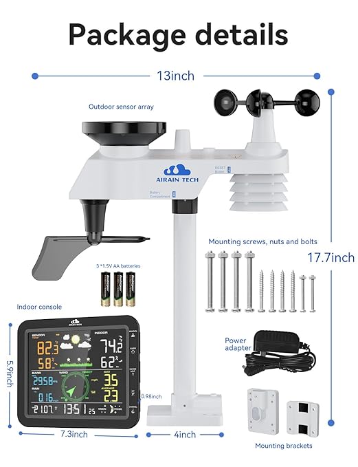 10-in-1 Wireless Weather Station with Dual Display, Outdoor Sensor, Rain Gauge, Wind Speed,Atomic Clock, Indoor Temp/Humidity, Barometric Pressure,etc (No WiFi)