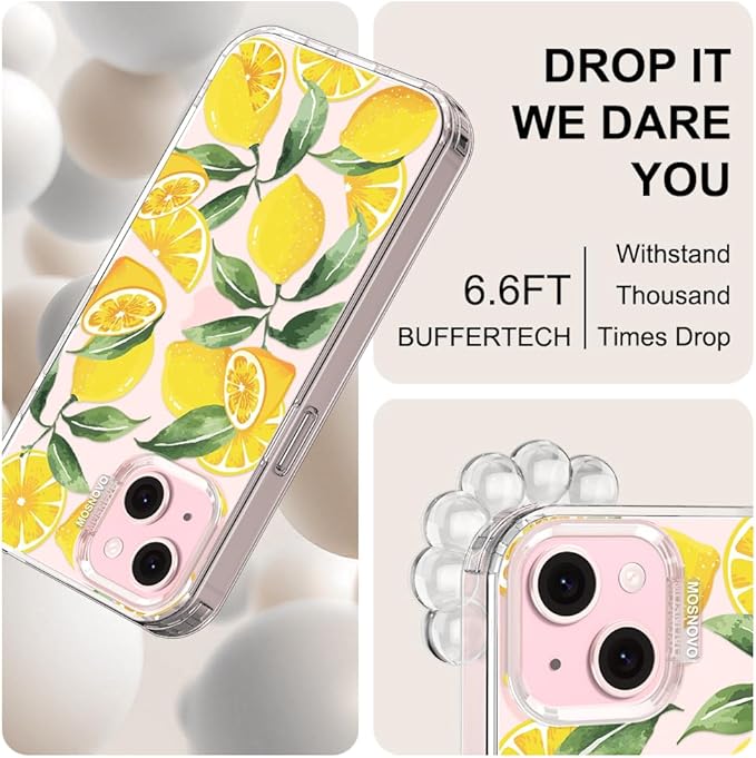 MOSNOVO Case for iPhone 15 Plus/iPhone 14 Plus, [Buffertech 6.6ft Military-Grade Drop Protection] [Anti Peel Off Tech] Clear TPU Bumper Phone Case Cover Design - Lemon