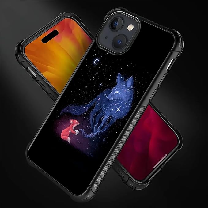 for iPhone 15 Plus Case, Galaxy Fox Wolf Pattern Graphic Design Girl Boy Soft Silicone Hard Acrylic Shock Protection for iPhone 15 Plus