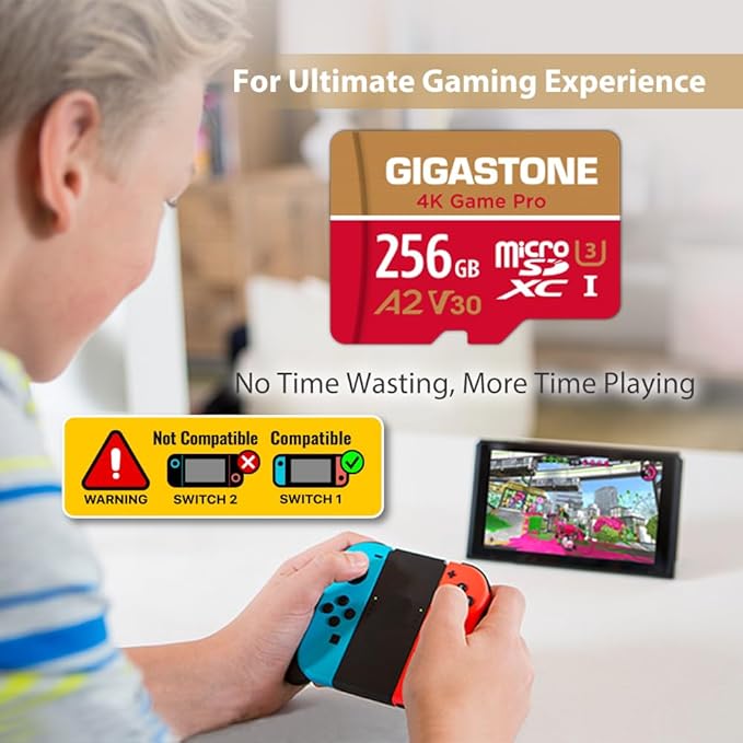[5-Yrs Free Data Recovery] GIGASTONE 256GB Micro SD Card, 4K Game Pro, MicroSDXC Memory Card for Nintendo-Switch 1, GoPro, Action Camera, DJI, UHD Video, R/W up to 100/60MB/s, UHS-I U3 A2 V30 C10