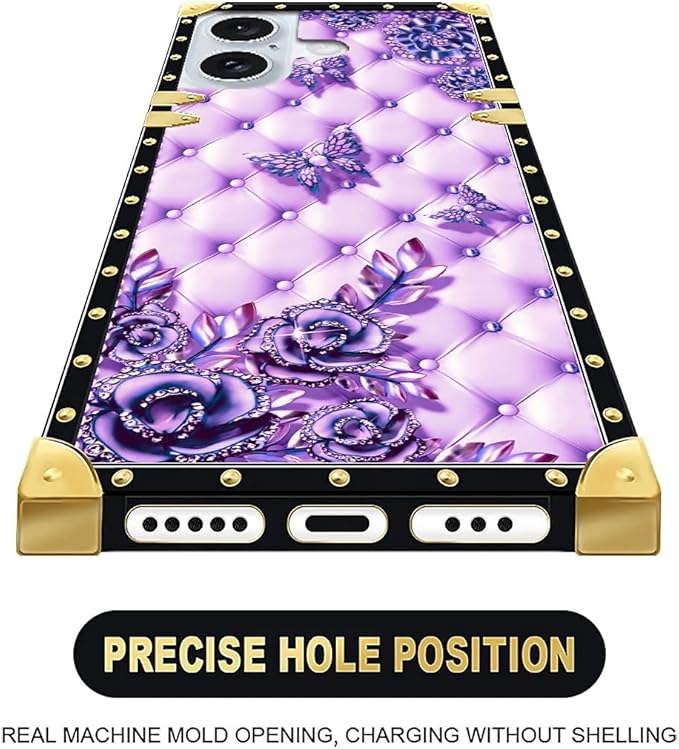 Compatible with iPhone 16 Plus Case, Purple Butterfly Flowers Leaf Luxury Golden Decoration for Girl Women Soft TPU Shockproof Protective Hard PC Back